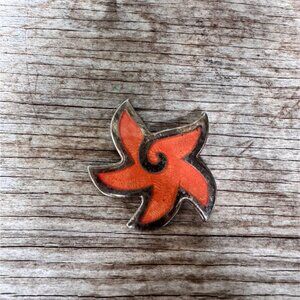 Vintage Taxco Mexico Sterling Silver & Orange Enamel Pinwheel Brooch 11.08G